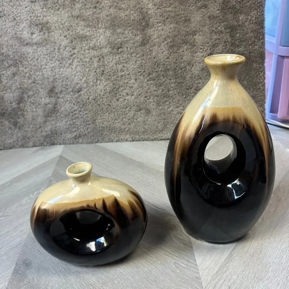Pair of 2 Vases MCM Mid Century Modern Ceramic Brown Tan Beige Oval Circle